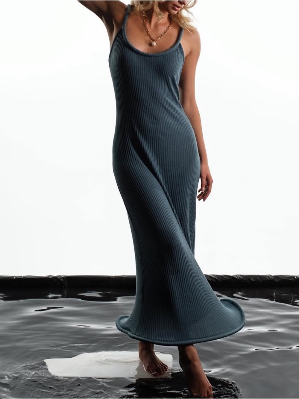 Sleeveless Ribbed Maxi Dress in Slate Blue